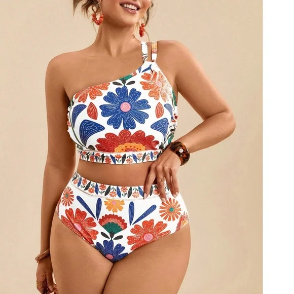 boho Floral Print One Shoulder High Waisted Monokini 2 piece swim set - Picture 3 of 4